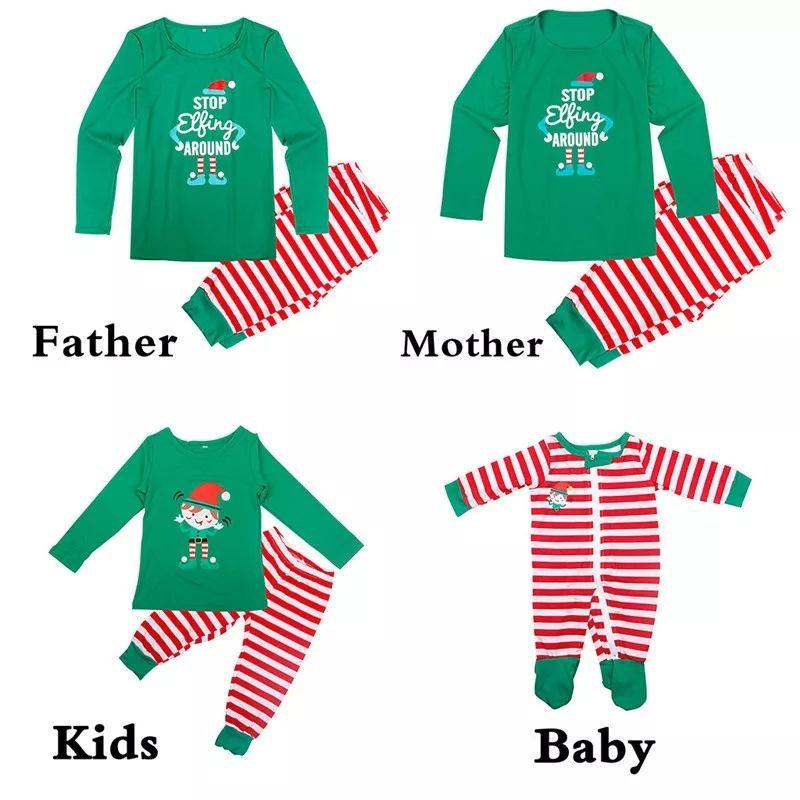 Christmas ELF Print stribet familie matchende pyjamas sæt