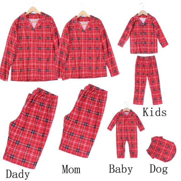 เสื้อเชิ้ตลายตารางคริสต์มาสสีแดง ชุดพ่อแม่ลูก (พร้อมเสื้อผ้าสุนัขสัตว์เลี้ยง)