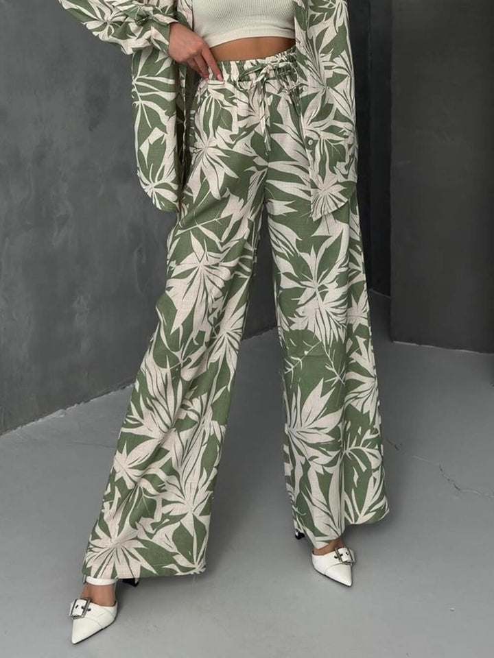 Palm Leaf Printed Elastic Waist Wide Leg Pants