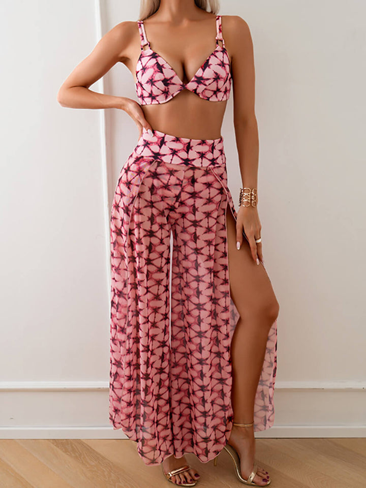 Conjunto de tres piezas con pantalones de bikini estampados para vacaciones en la playa