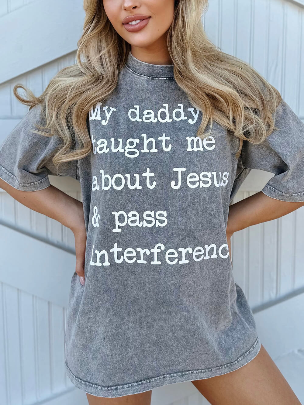 Mineral-Wash My Daddy Lärde mig om Jesus & Pass Interference Grey Tee