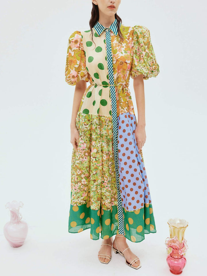 ชุดเดรส Midi Dress แขนพัฟพิมพ์ลายย้อนยุคลายดอกไม้ที่สวยงาม