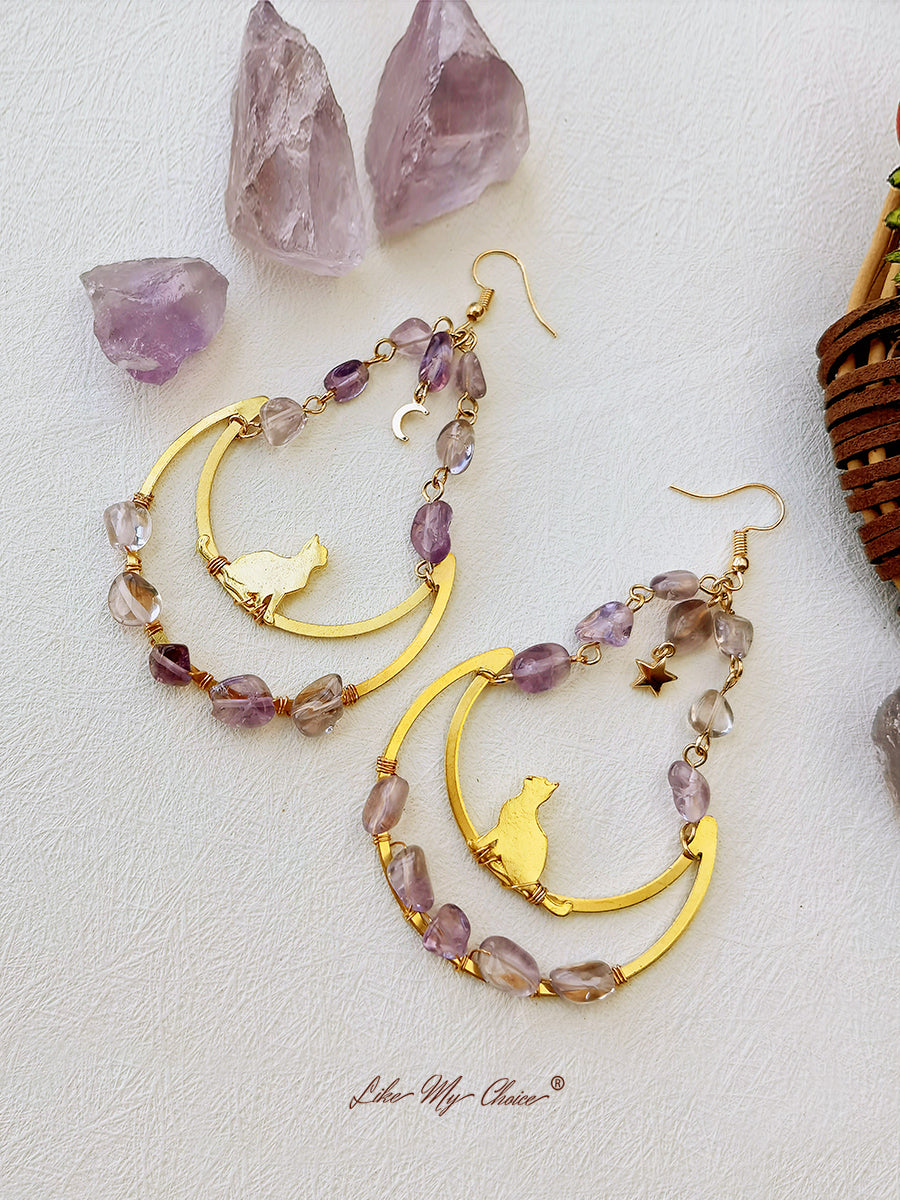 Σκουλαρίκια Boho Amethyst Dangle Moon & Cat