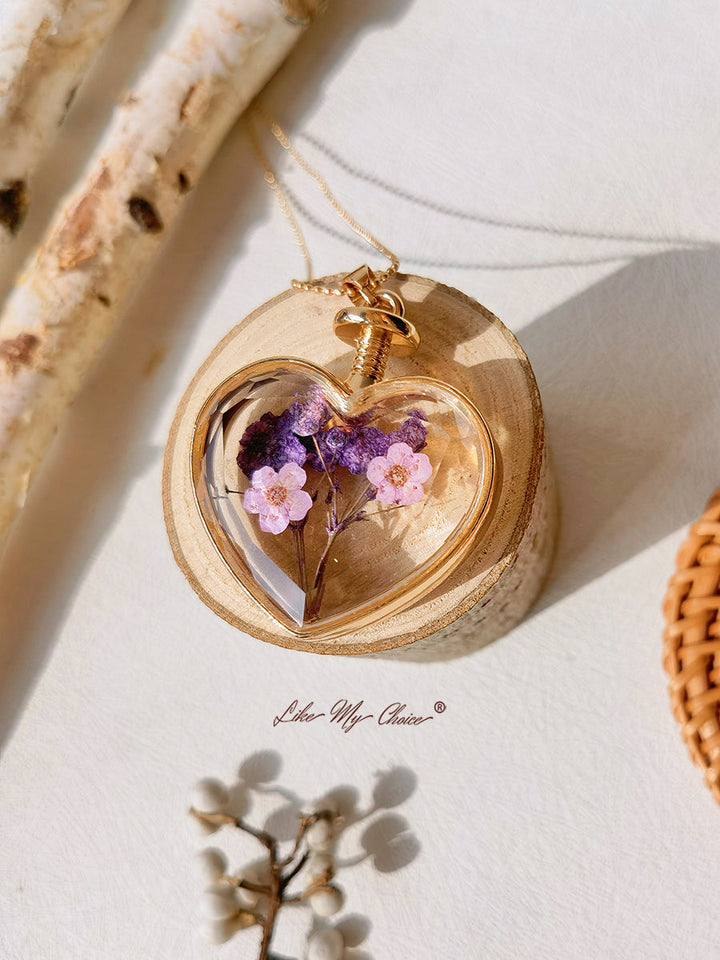 Lavendel-Vergissmeinnicht-Trockenblumen-Kristallglas-Herz-Halskette