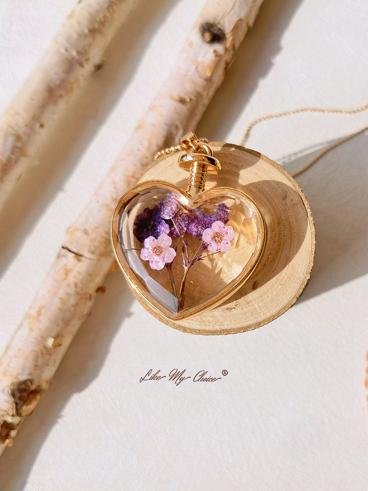 Lavendel forglem-meg-ikke tørkede blomster Krystallglass hjerte halskjede