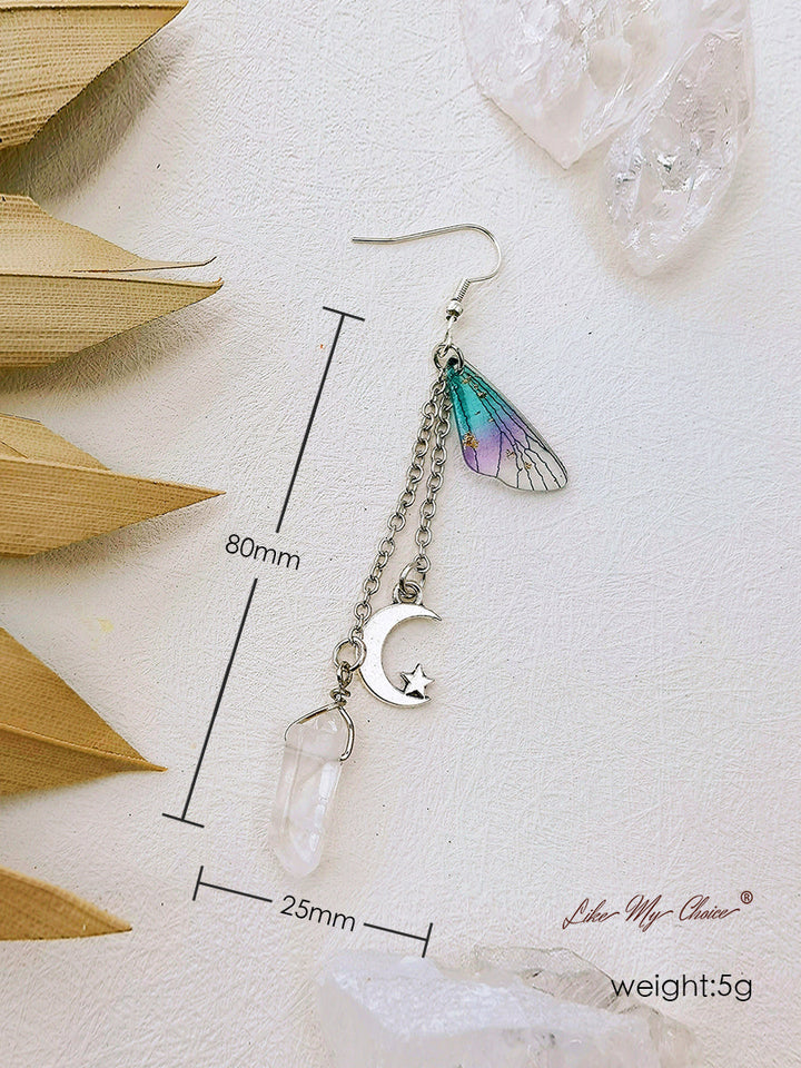 Pendientes Boho con borlas de cristal y luna con alas de mariposa