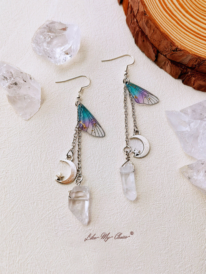 Pendientes Boho con borlas de cristal y luna con alas de mariposa