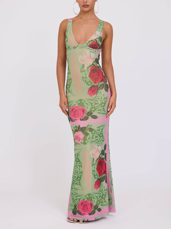 Holiday Style Kontrast Rose Print V-hals Maxi Dress