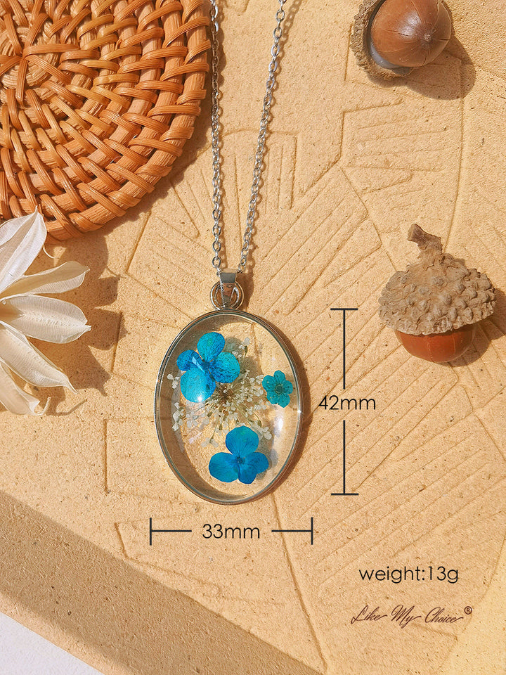 Resin Pendant Necklace With  Blue Hydrangea Dried Flowers
