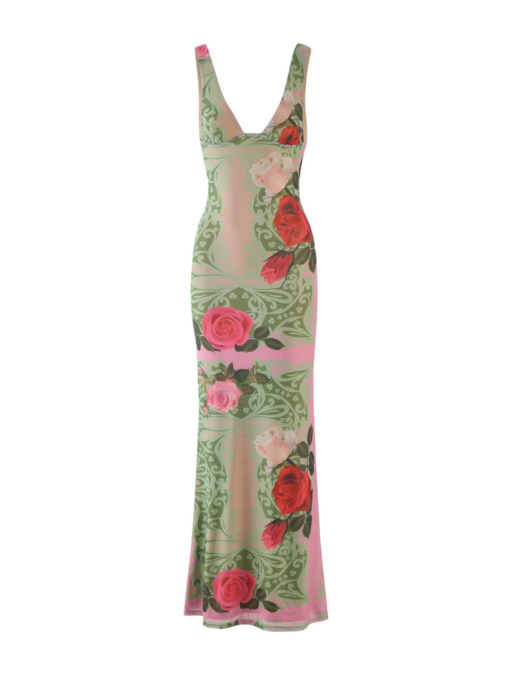 Holiday Style Contrast Rose Print V-neck Maxi Dress