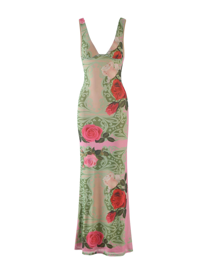 Holiday Style Kontrast Rose Print V-hals Maxi Dress