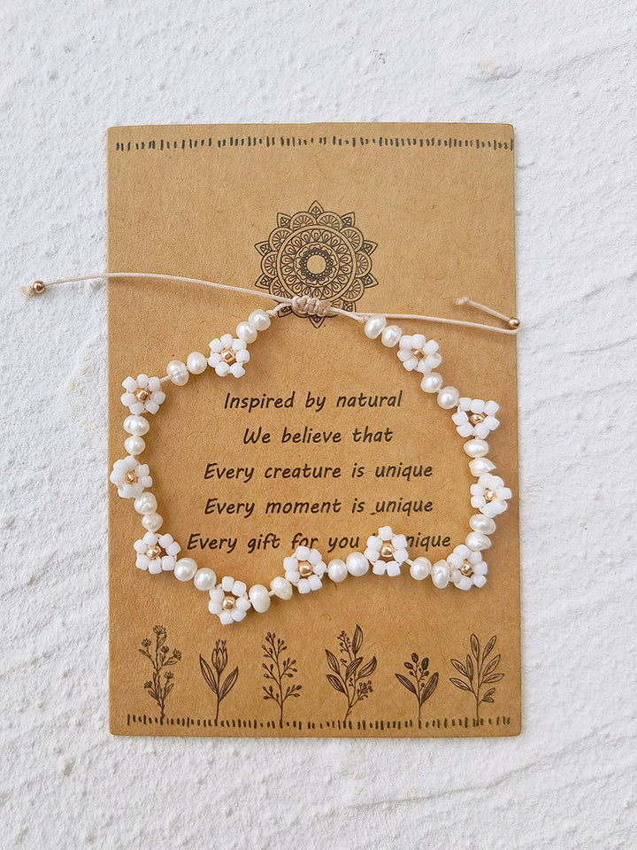 Justerbar Snøring Beaded Armbånd White Daisy