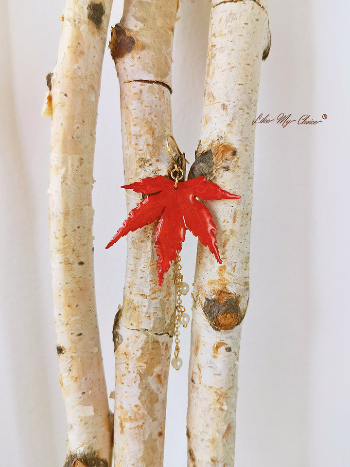 Sun Catcher Maple Leaf hars gouden parel oorbellen