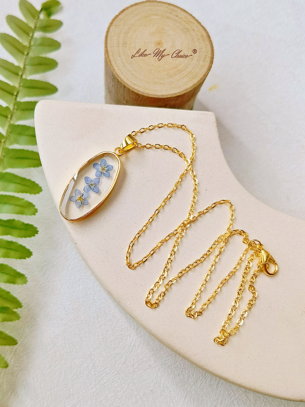 Forget Me Not Golden Oval Pendant  Natural Resin Necklace