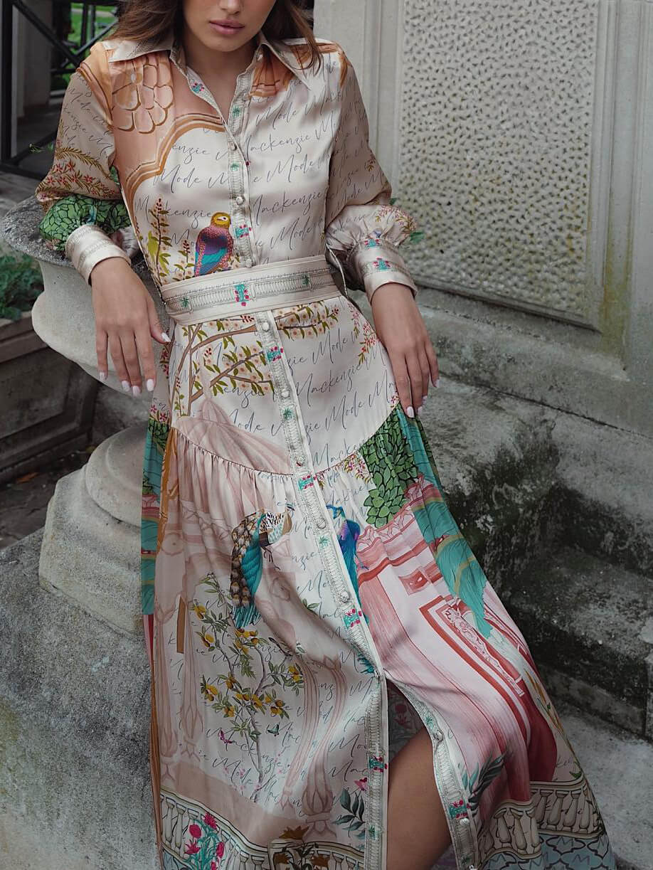 Vynikající midi šaty s lucernovým rukávem se saténovým potiskem v paláci