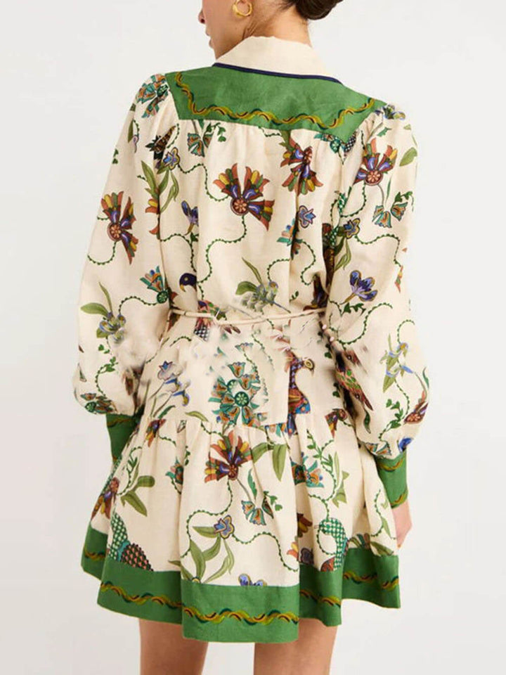 Unieke print-kleur-match ballonmouwen shirt mini-jurk