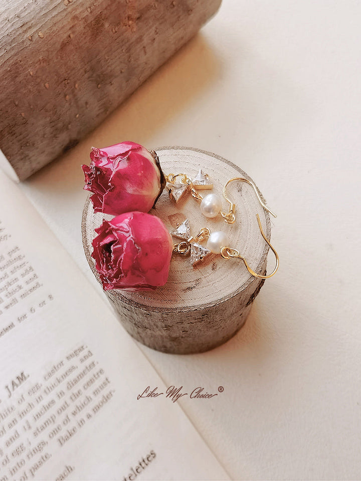 Pendientes de flores prensadas - Rosa vintage