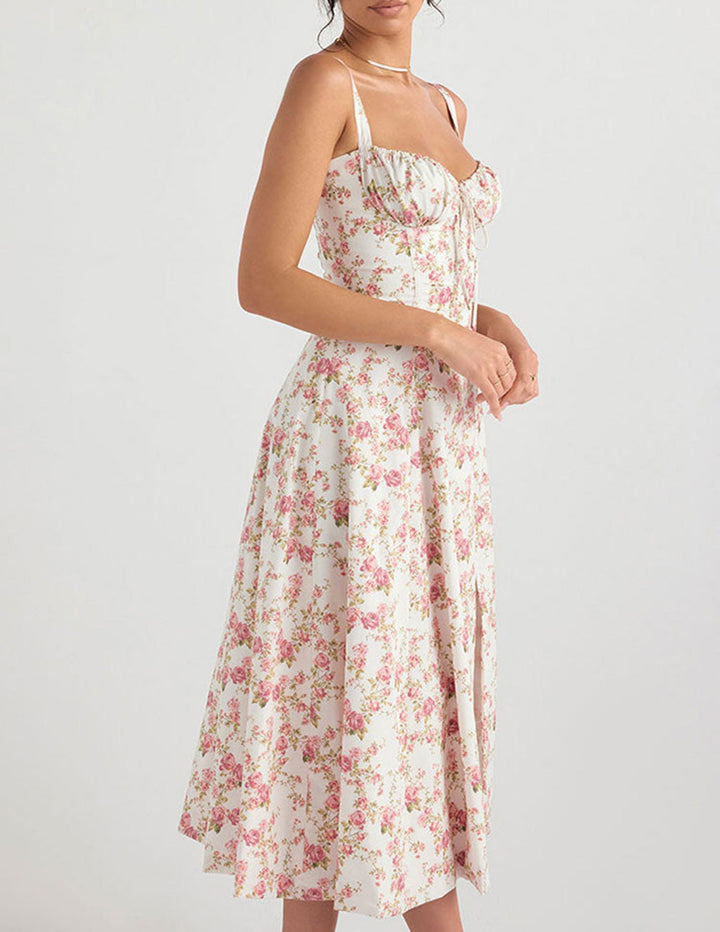 Rose Print Herringbone Slip Dress