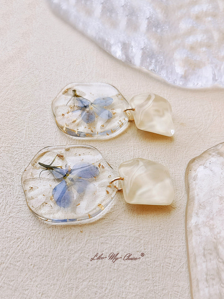 Boucles d'Oreilles Fleurs Pressées - Epoxy Vintage Bleu Romantique