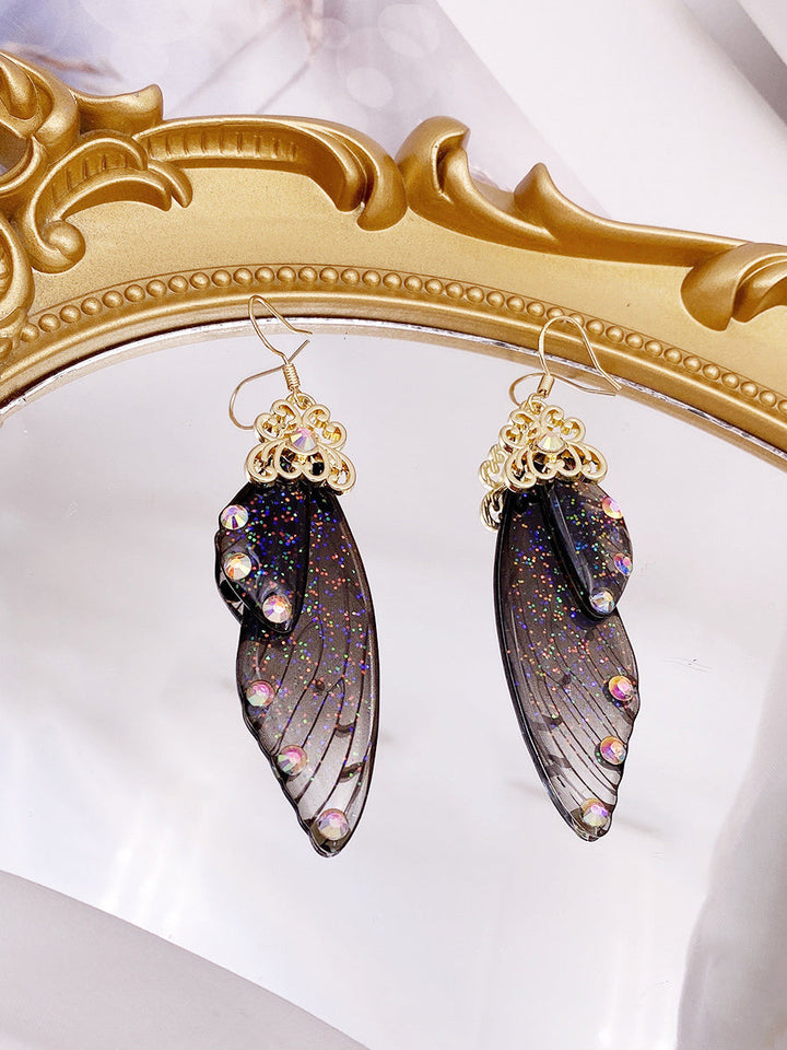 Sommerfuglevinge Sort Rhinestone Cicada Wing Crystal Øreringe