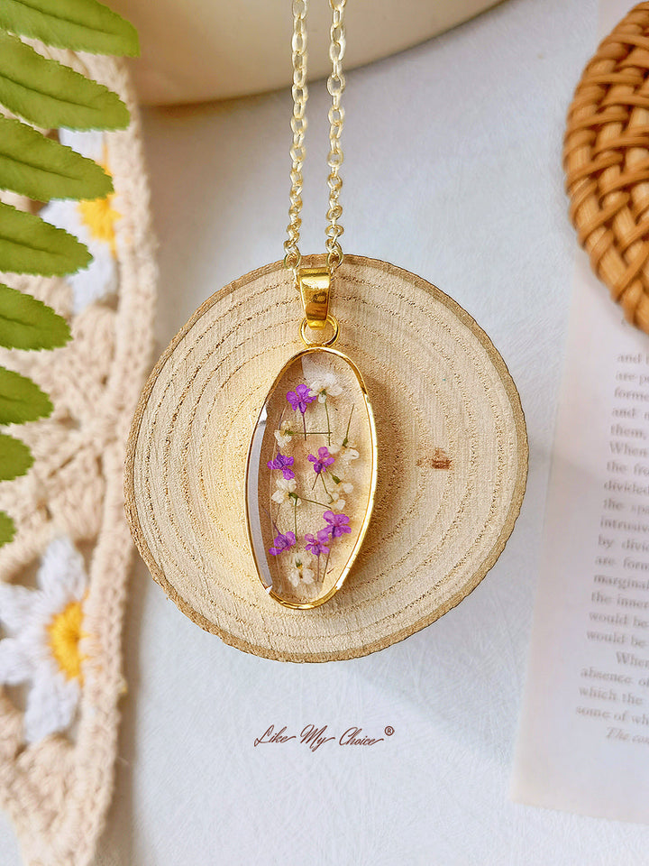 Mini Tulip Golden Oval Pendant Natural Resin halskæde