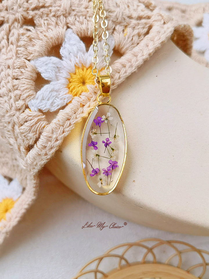 Mini Tulip Golden Oval Pendant  Natural Resin Necklace