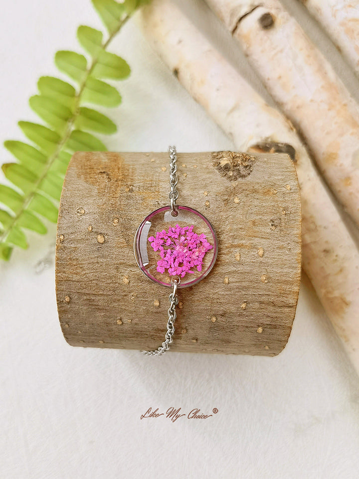 Pulsera redonda de resina de flor prensada hecha a mano de encaje rosa Reina Ana