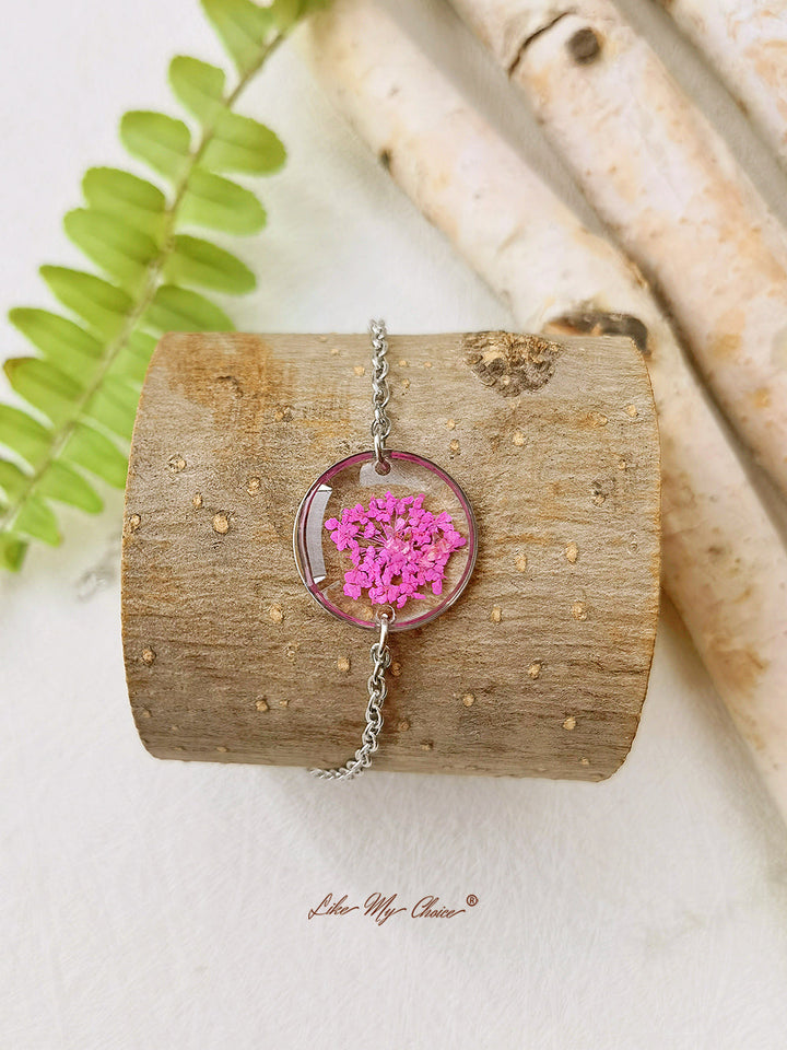 Pink Queen Anne Lace Handmade ดอกไม้เรซิ่นสร้อยข้อมือรอบ