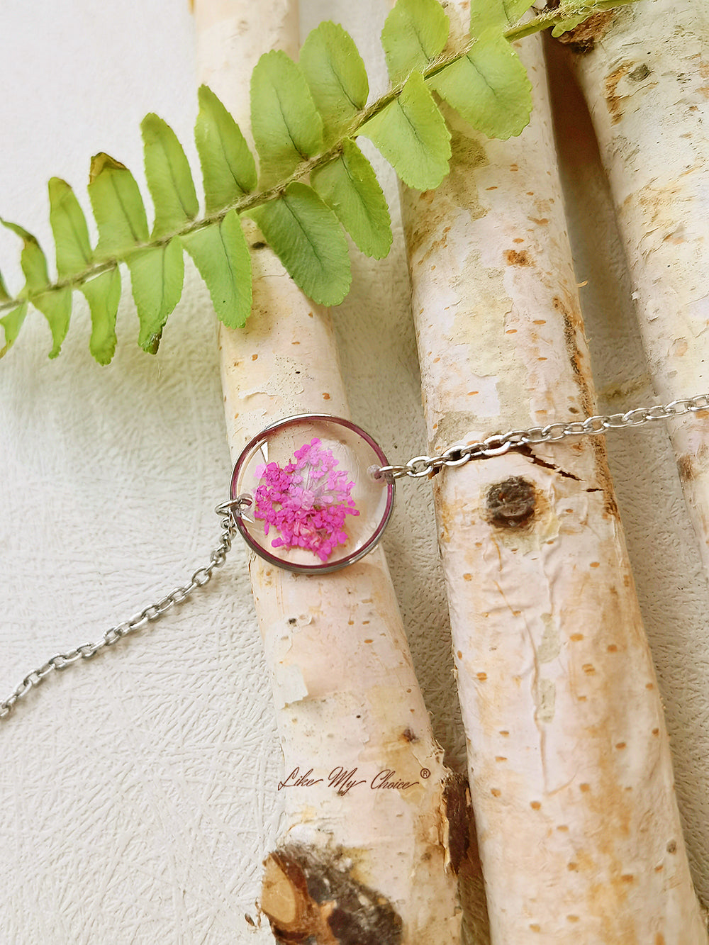 Pink Queen Anne Lace Handmade Pressed Flower Resin Round Bracelet