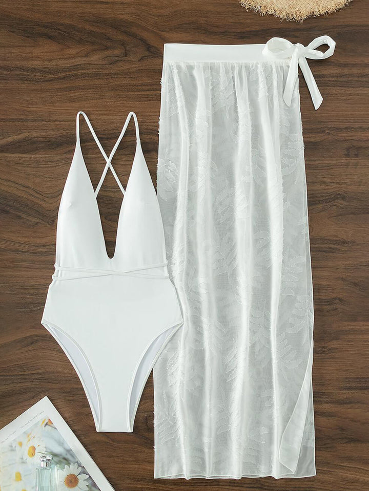 One-Piece White Sexy Backless Long Skirt Two-Piece Swimsuit