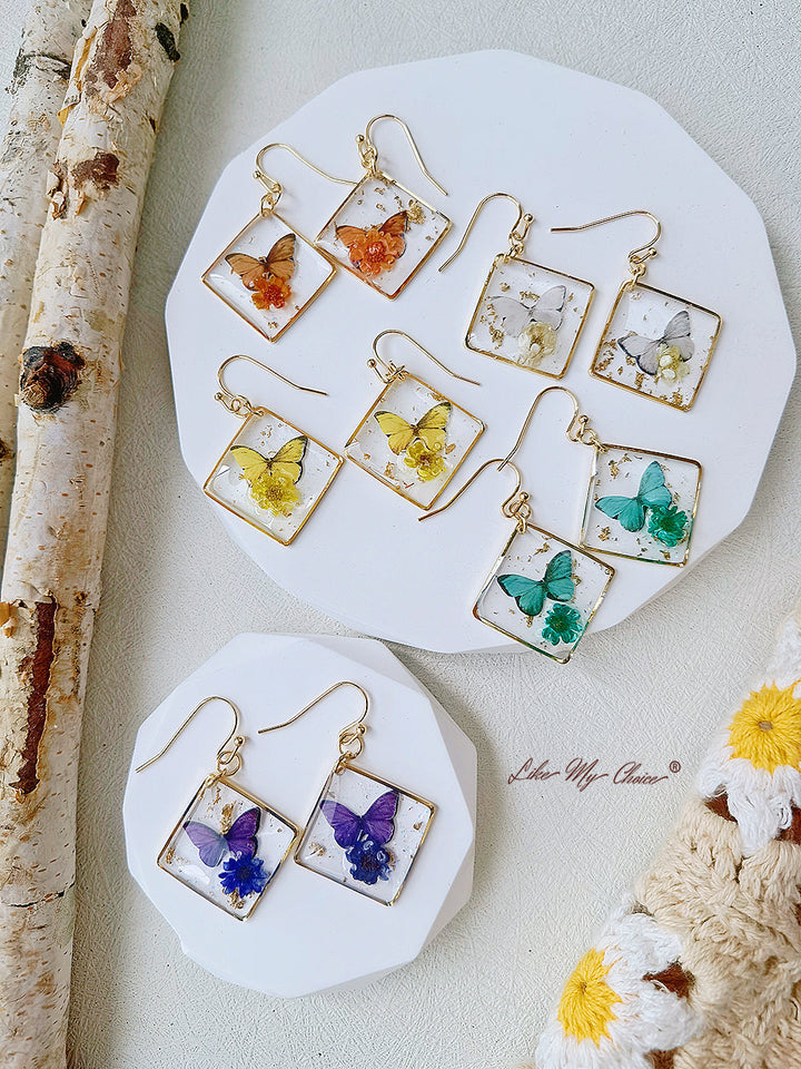 Gypsophila Dried Flower Butterfly Square Earrings