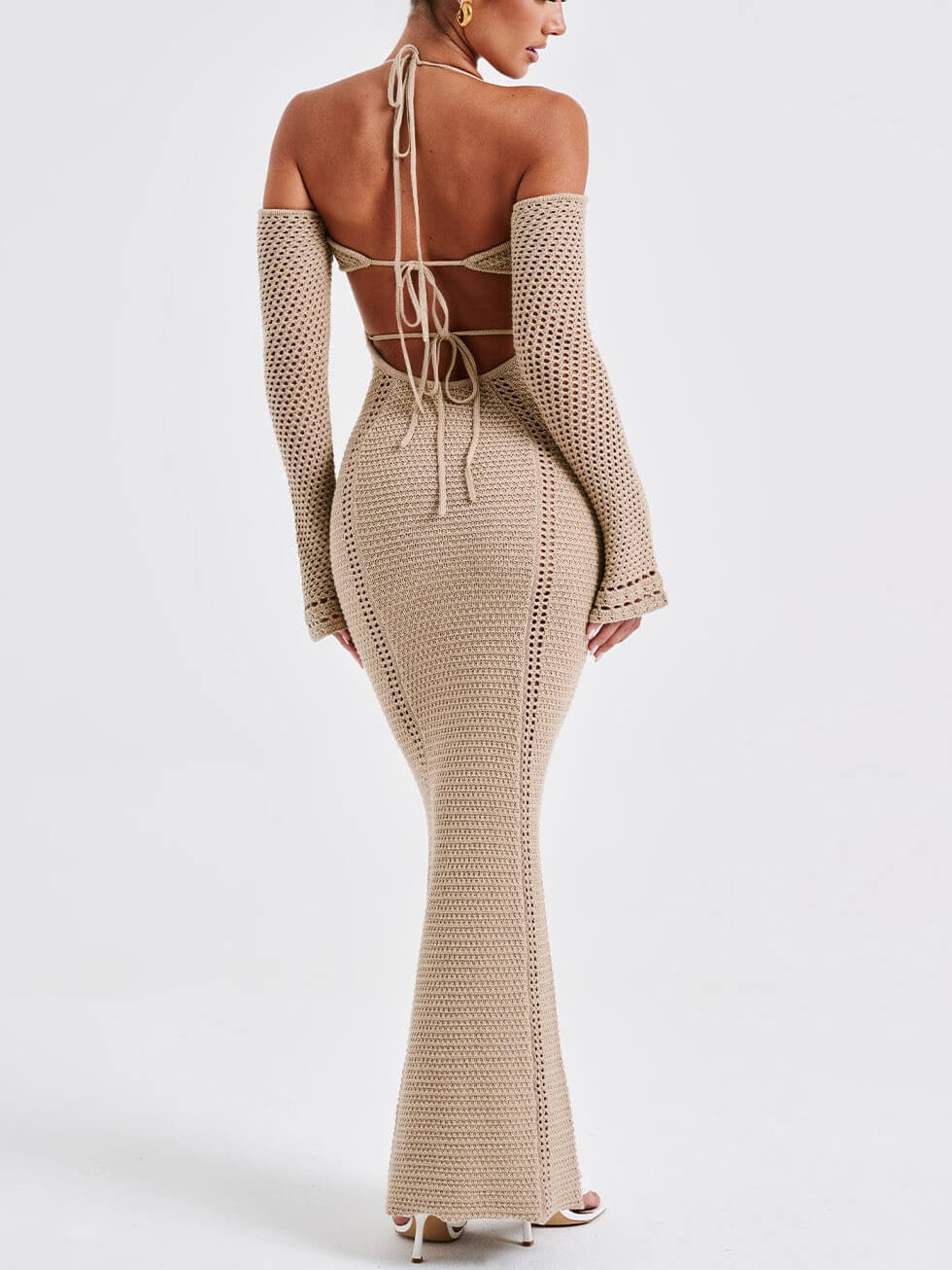 Sexy backless jarretel slanke holle jurk met lange mouwen