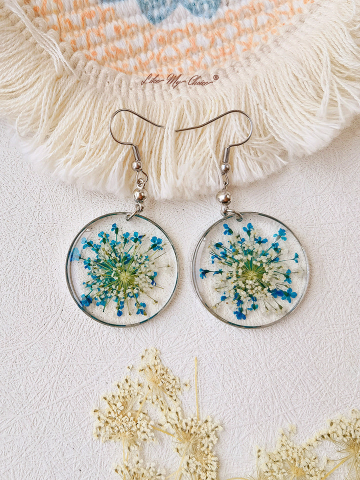 Σκουλαρίκια λουλουδιών Forget Me Not Queen Anne Lace Resin Pressed Flower