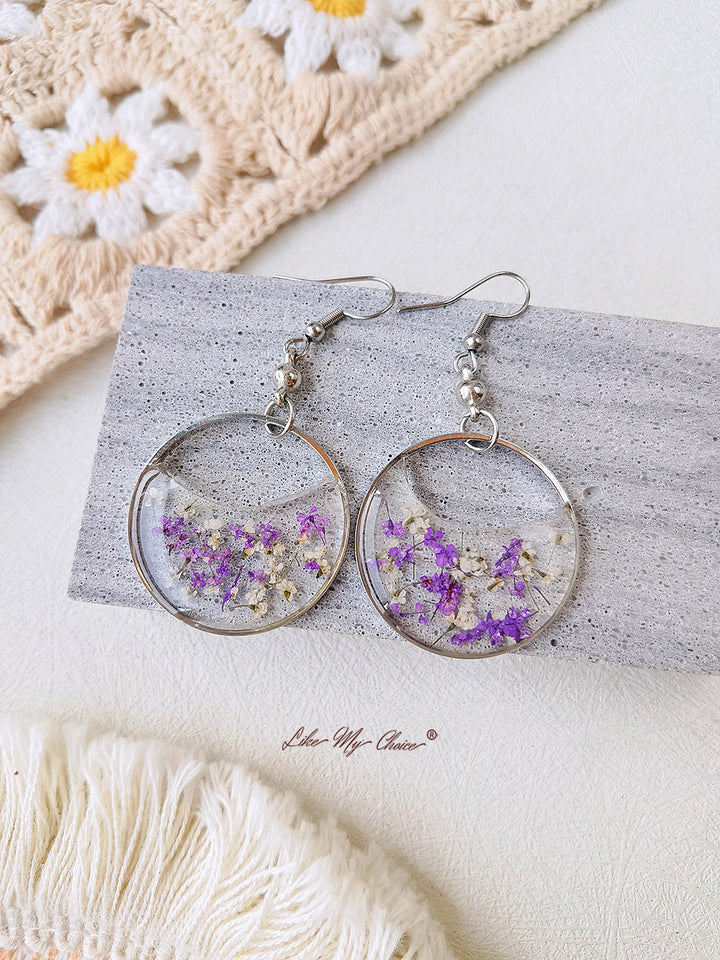 Round Atmospheric Dried Flower Resin Earrings