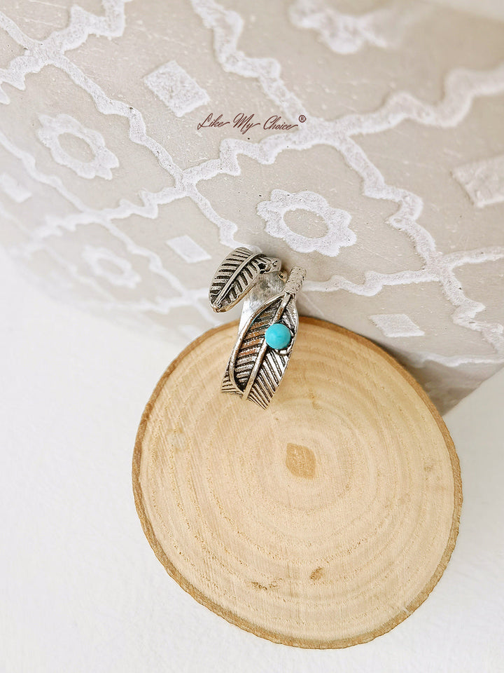 Turkos Band Feather Boho Silver Ring