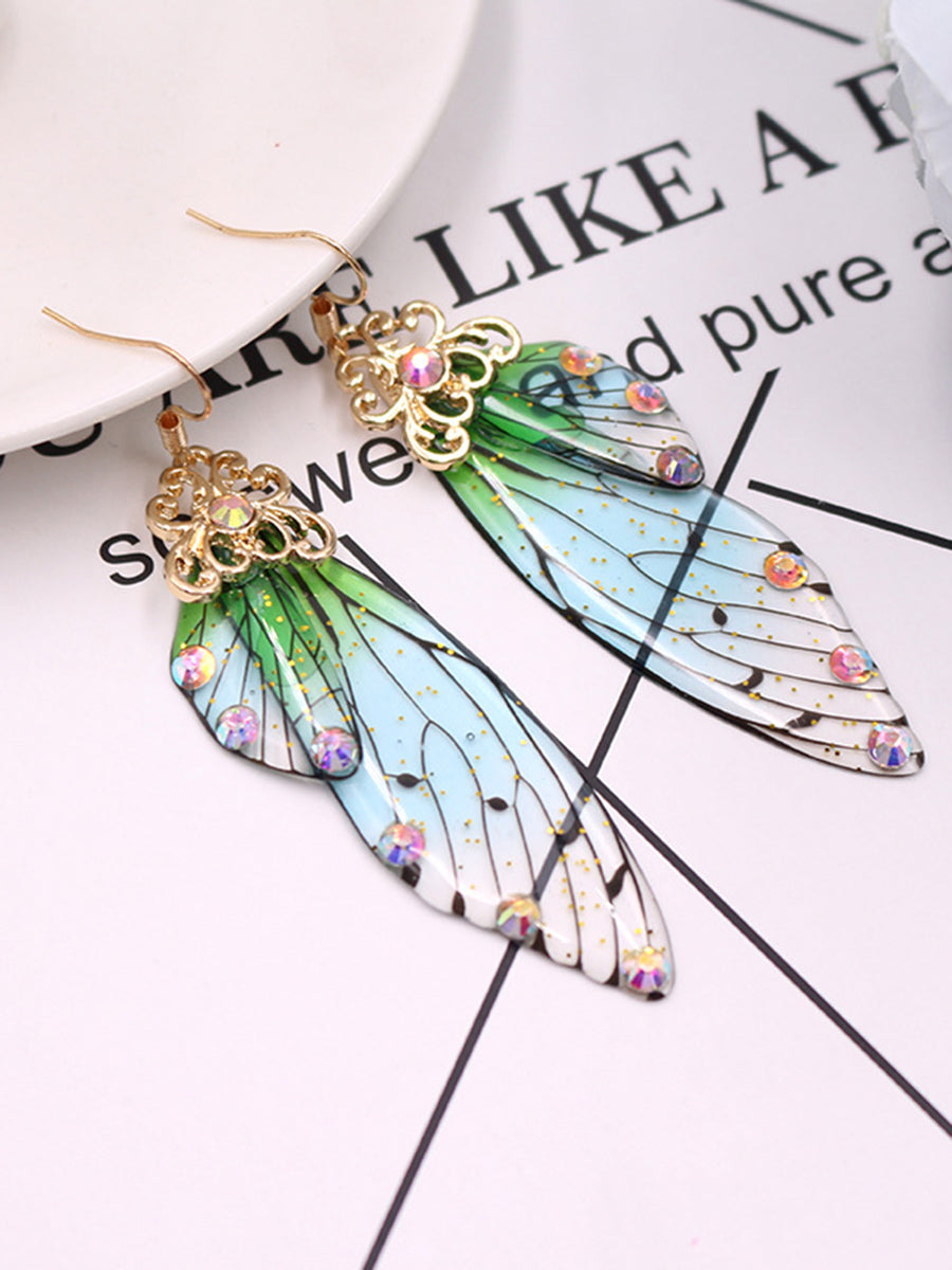 Butterfly Wing Green Rhinestone Cicada Wing Crystal Earrings