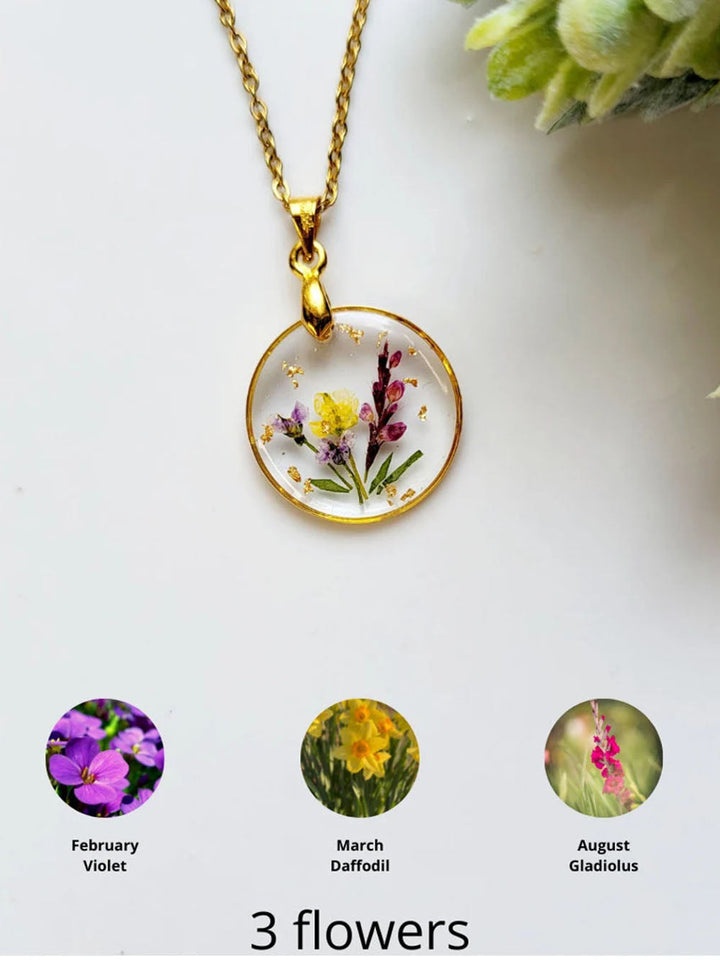 Collares colgantes de resina prensada con ramo de flores de nacimiento hechos a mano