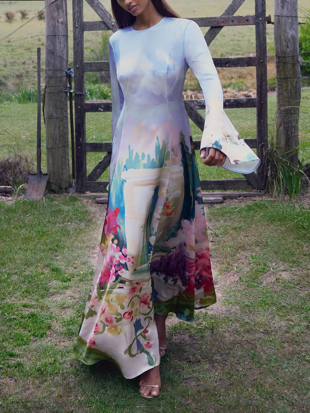 Exquisite Satin Graffiti Print Trumpet Sleeve Maxi Dress