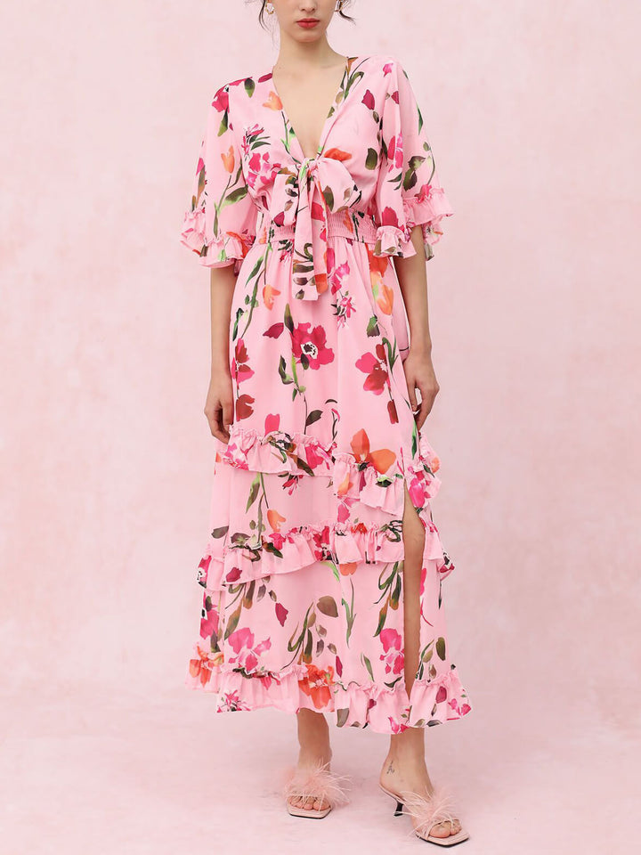 Summer Sweet Holiday Floral Tie Front V Neck Midi Dress