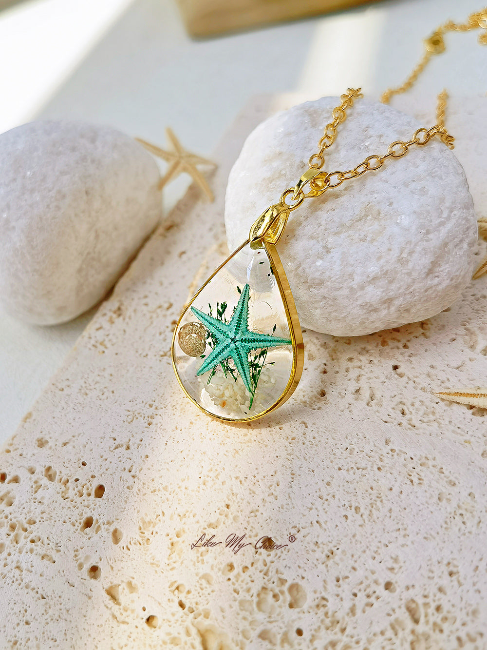 Collar de oro epoxi de resina DIY de estrella de mar natural