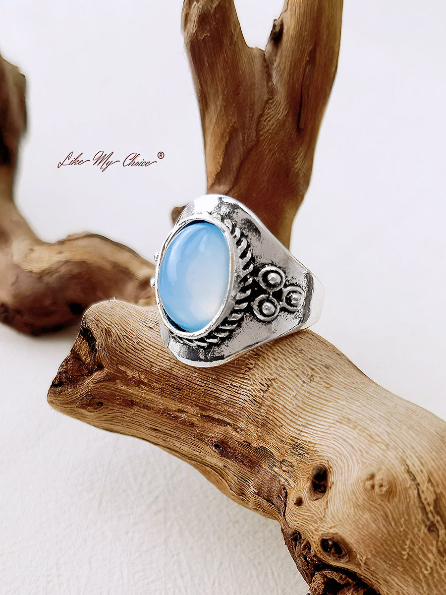 Μπλε πολύτιμος λίθος Boho δαχτυλίδι