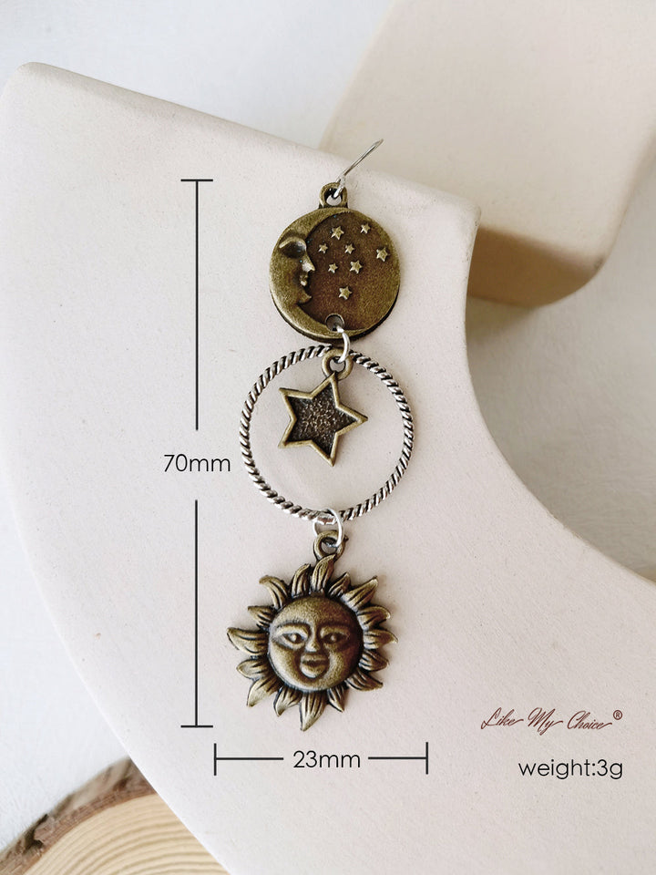 Pendientes Boho Bronce Colgante Crescent Sun Star