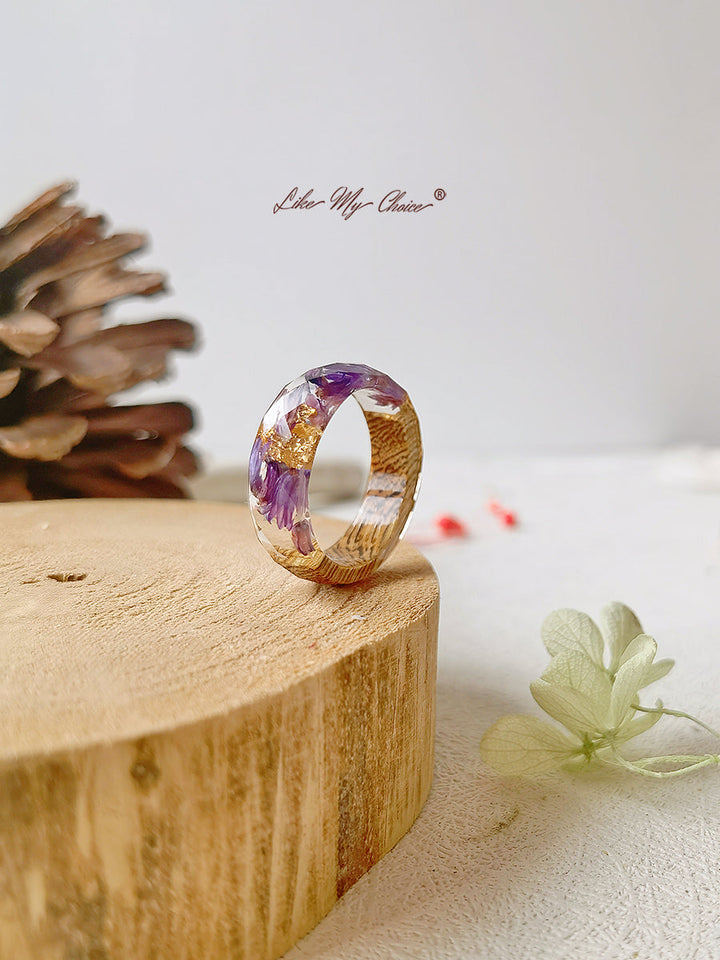 Anillo de resina con incrustaciones de flores secas hecho a mano-púrpura