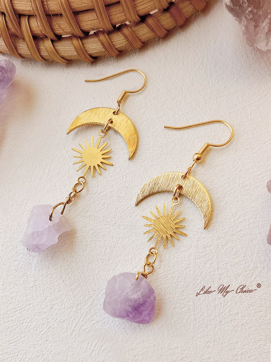 Pendientes bohemios de cristal de luna creciente y sol