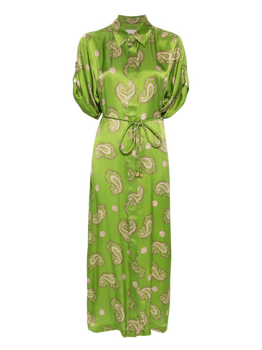 Prachtige satijnen midi-jurk met paisley-print en stropdas