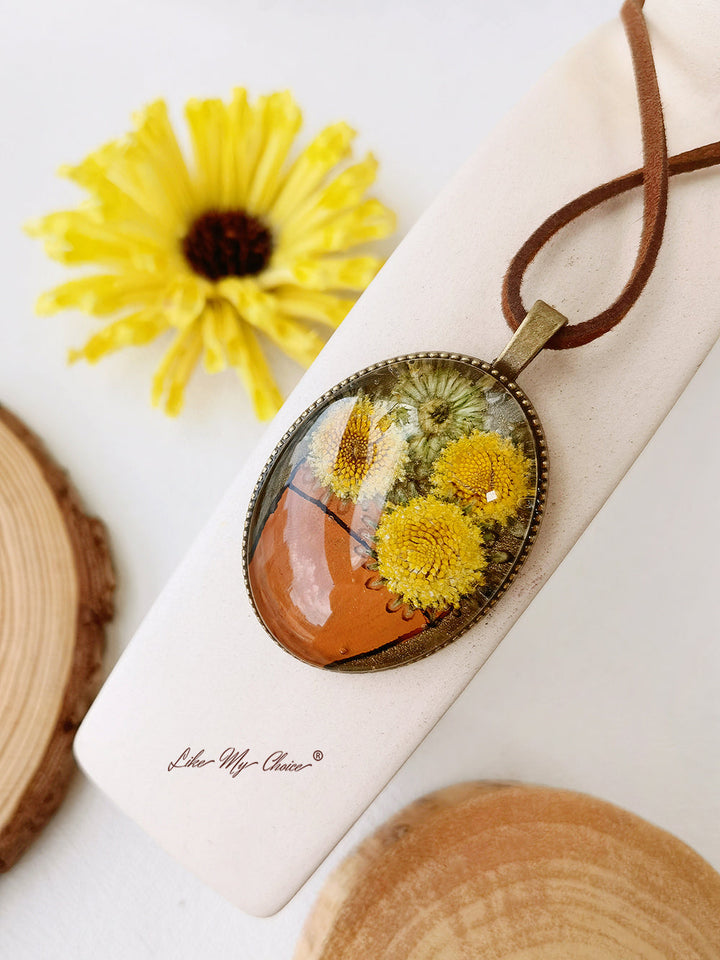 Collier de fleurs séchées Van Gogh Tournesol Pendentif fleur préservée