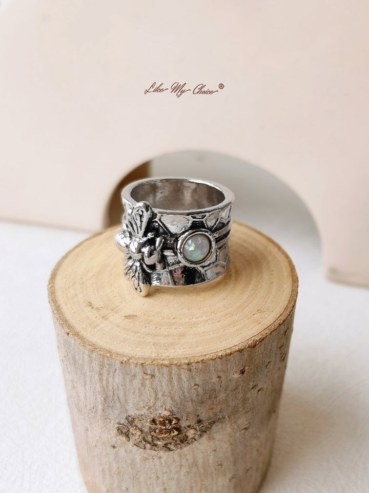 Vodní vlna vzor Bee Protein Stone Boho Ring