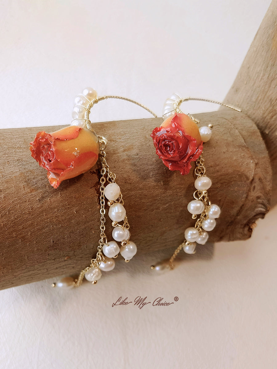 Pendientes de flores prensadas - Flor de rosa seca perla