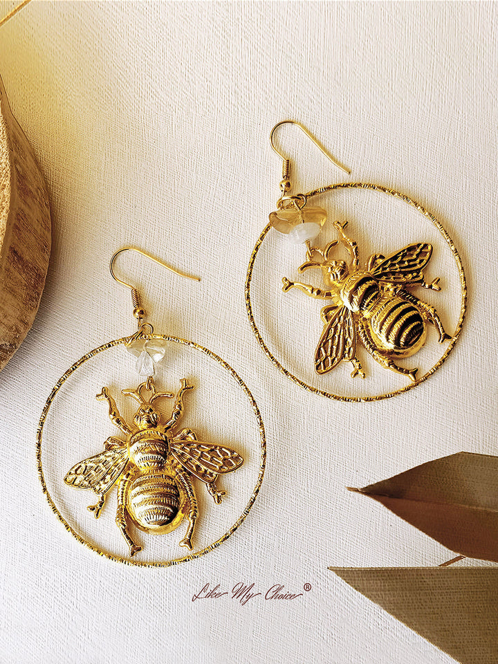 Goldene Bienen-Ohrringe aus natürlichem Kristall