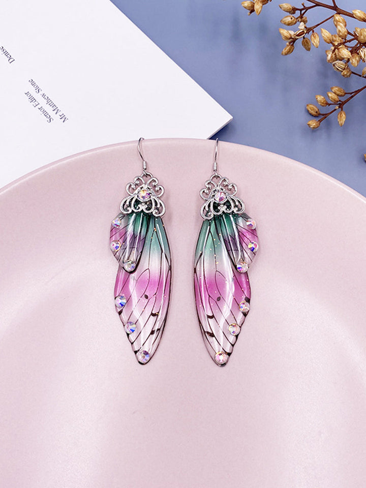 ปีกผีเสื้อ Rhinestone สีรุ้ง Cicada Wing ต่างหูคริสตัล